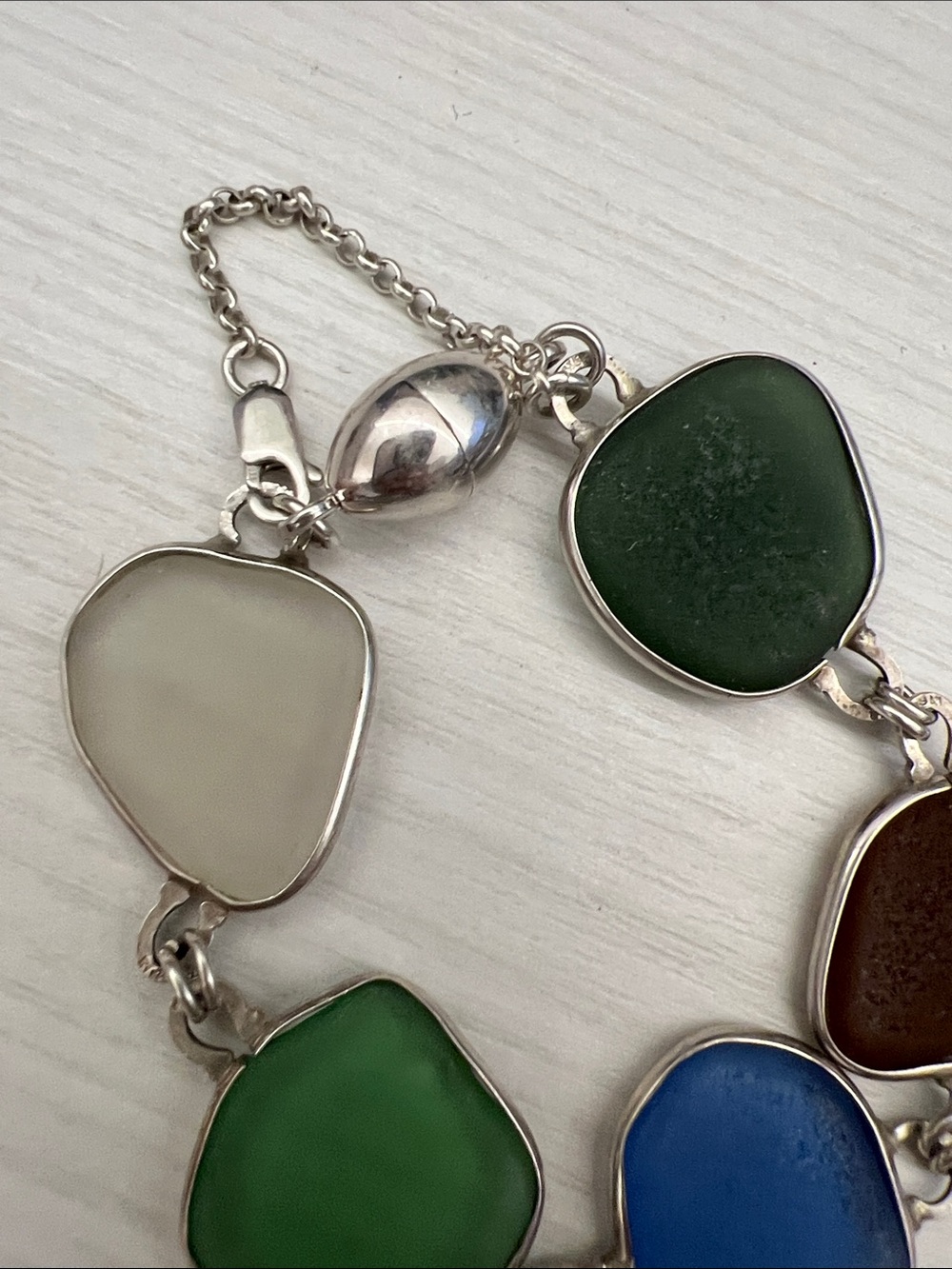 Sterling Silver Blue and Green Sea Glass Link Bracelet - Picture 6 of 9